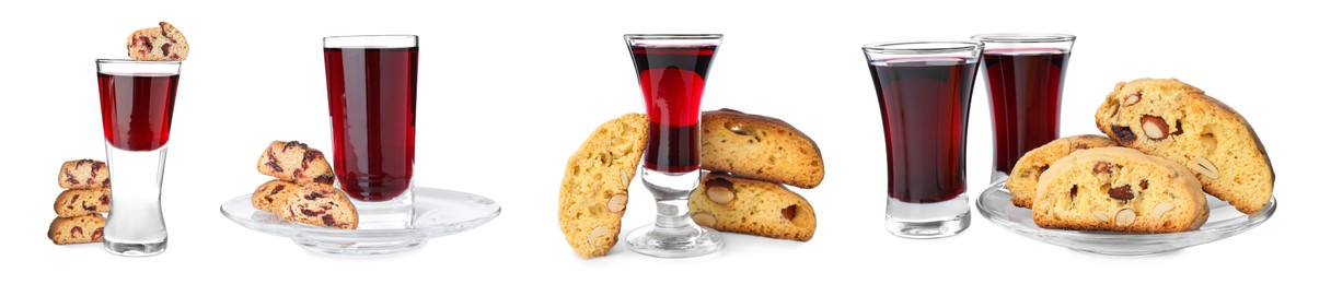 Set with tasty cantucci and glasses of liqueur on white background, banner design. Traditional Italian biscuits