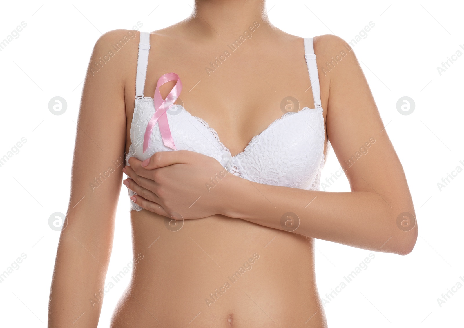 Photo of Woman with pink ribbon on white background, closeup. Breast cancer awareness