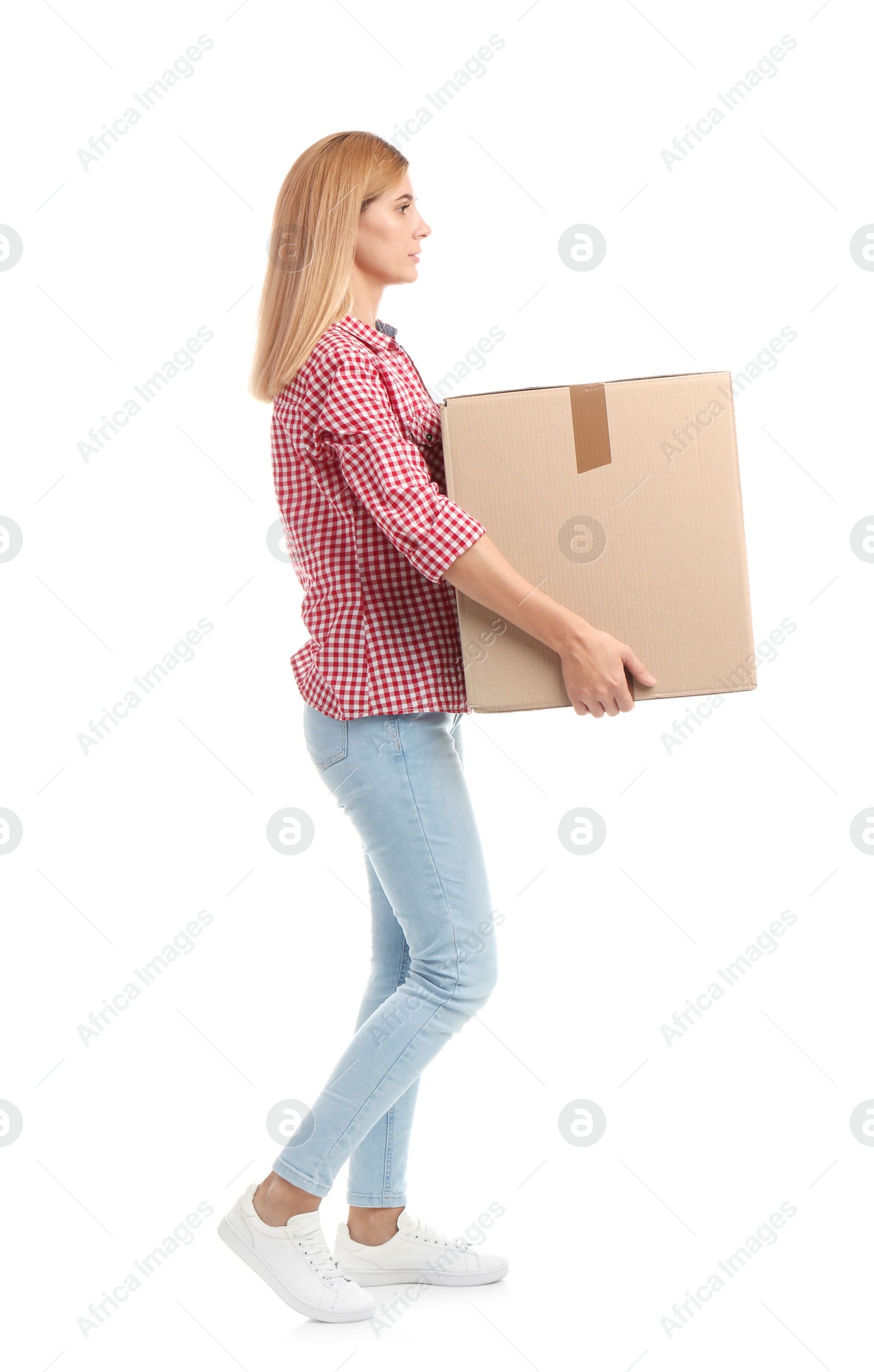 Photo of Full length portrait of woman carrying carton box on white background. Posture concept