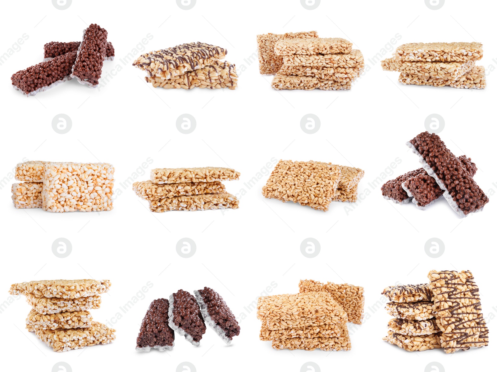 Image of Set of delicious rice crispy treats on white background