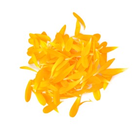 Photo of Pile of beautiful calendula petals on white background, top view