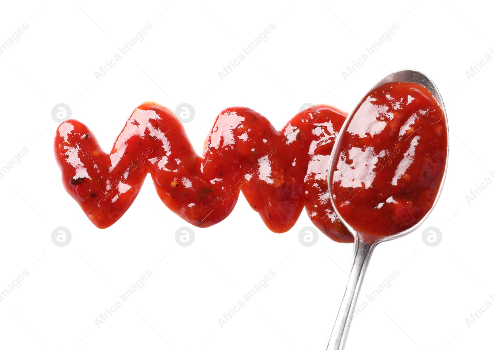 Photo of Delicious tomato sauce on white background, top view