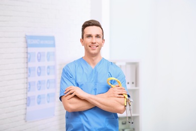 Portrait of medical assistant with stethoscope in hospital