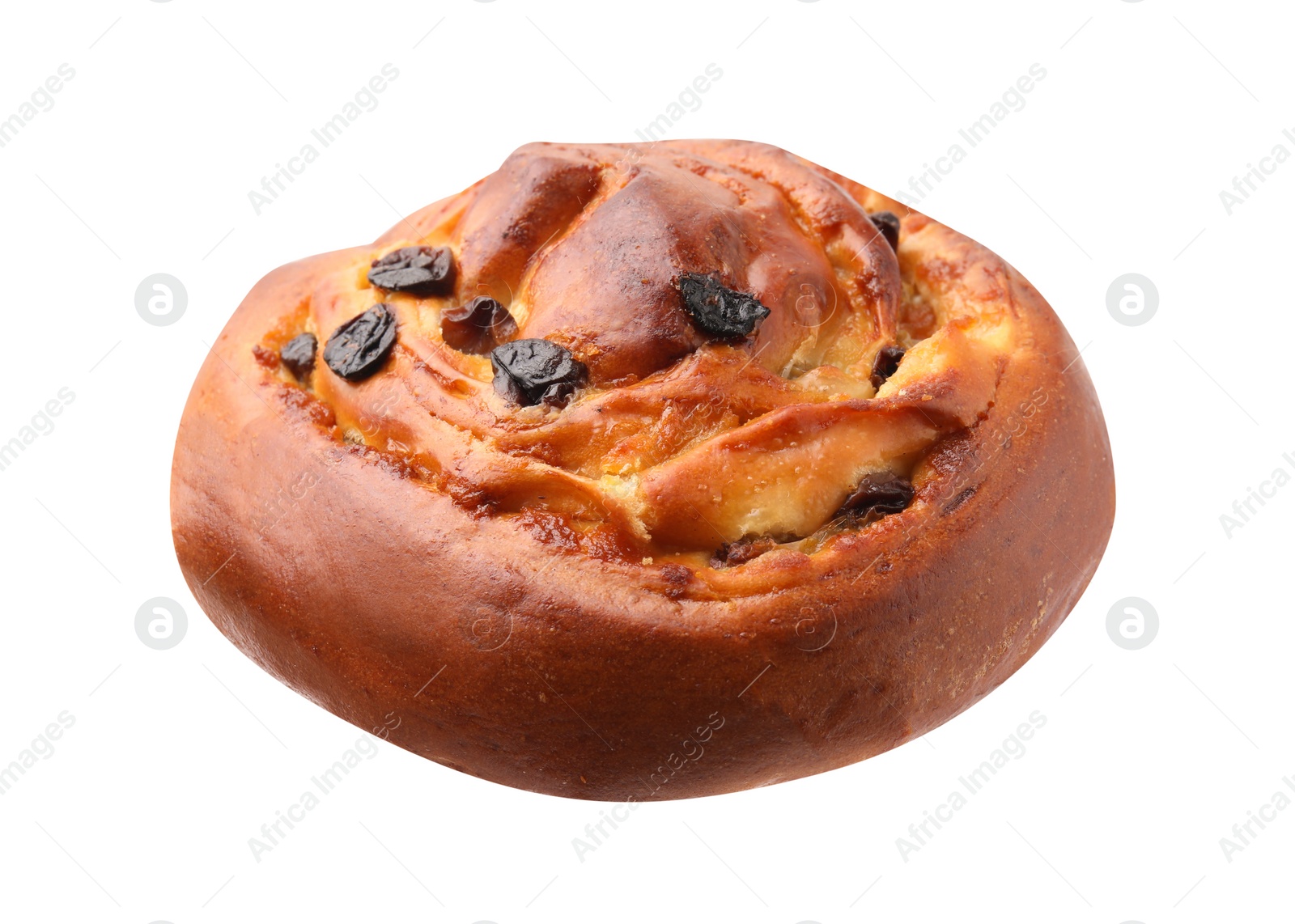 Photo of One delicious roll with raisins isolated on white. Sweet bun