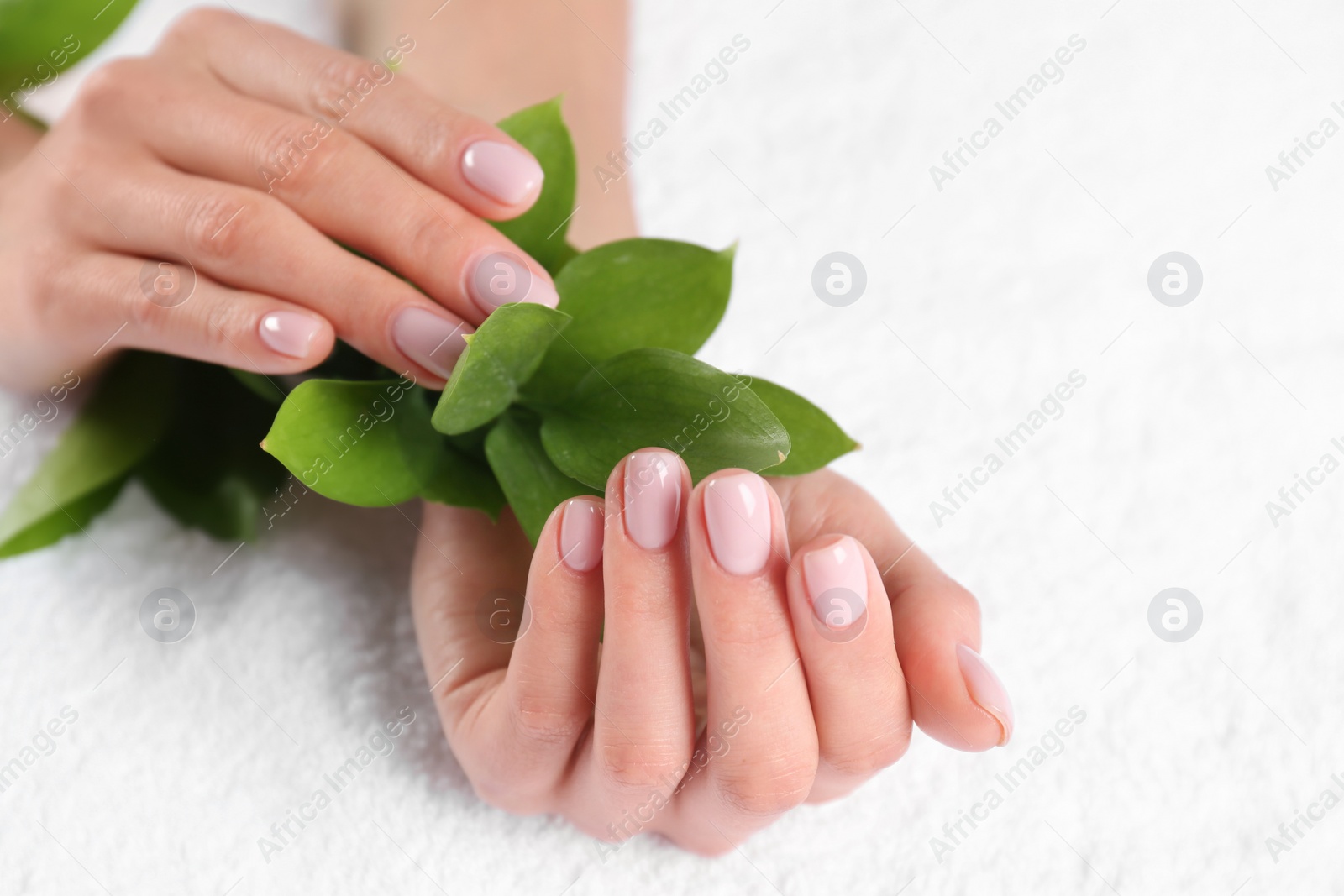 Photo of Closeup view of beautiful female hands with green leaves on towel, space for text. Spa treatment