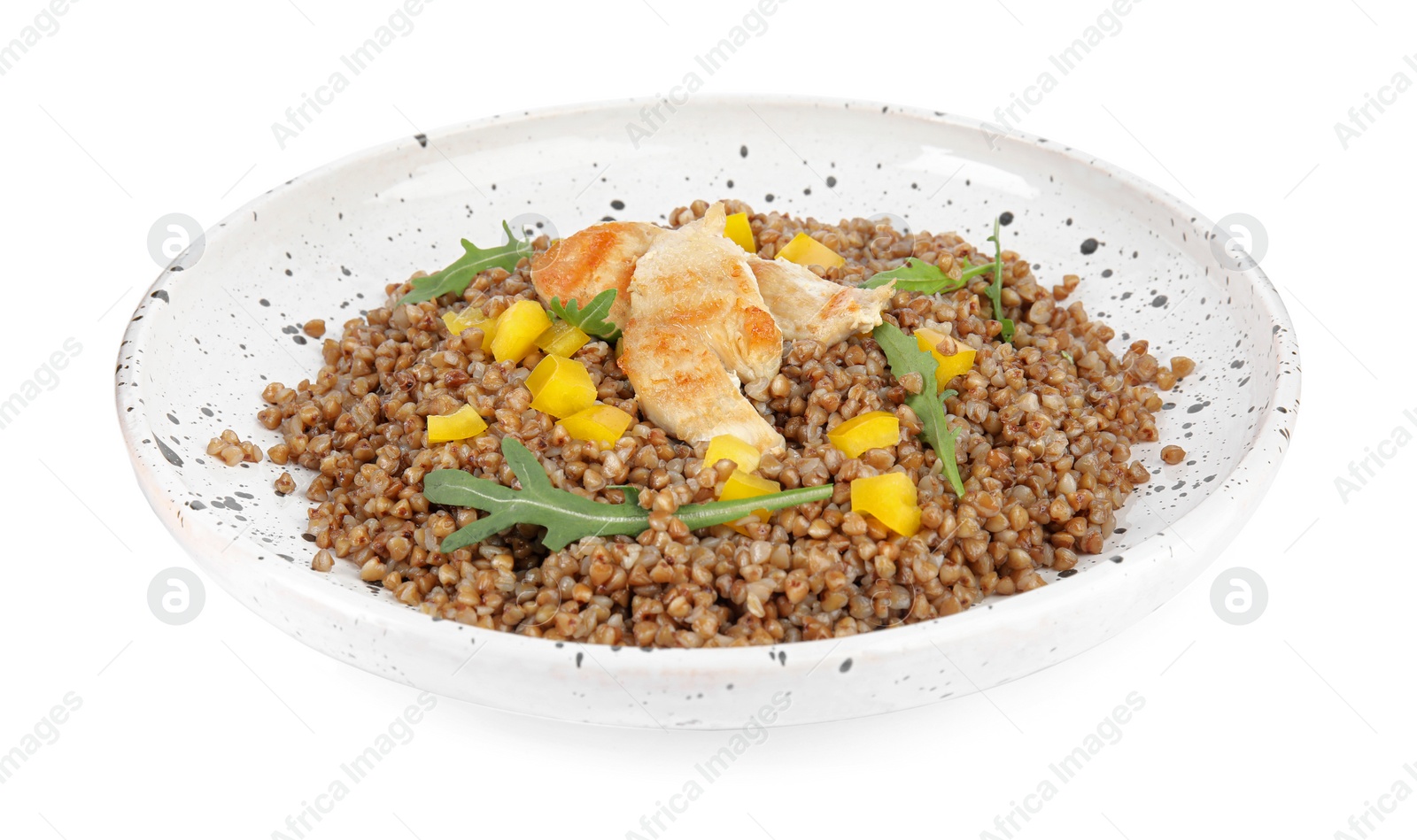 Photo of Delicious buckwheat porridge with meat on white background