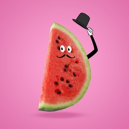 Image of Creative artwork. Aristocratic watermelon tipping hat as way of greeting. Slice of fruit with drawings on pink background