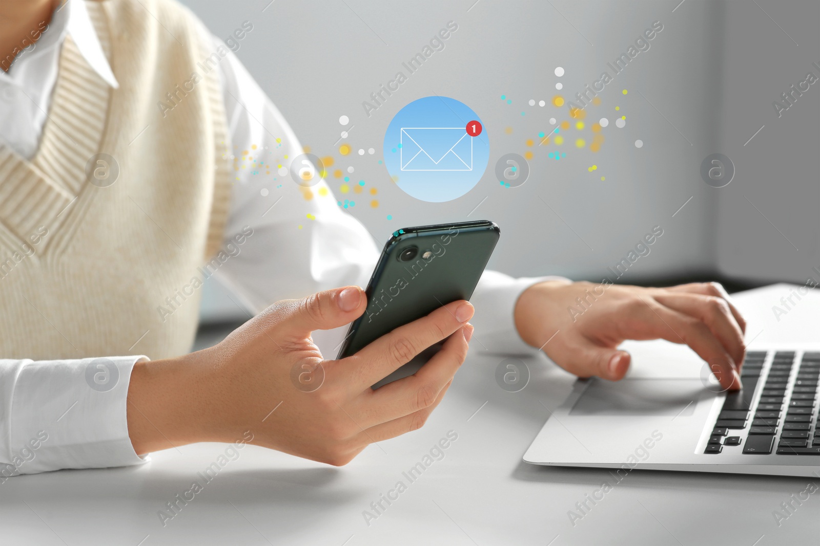 Image of Email. Woman using mobile phone and laptop indoors, closeup. Letter illustration over device