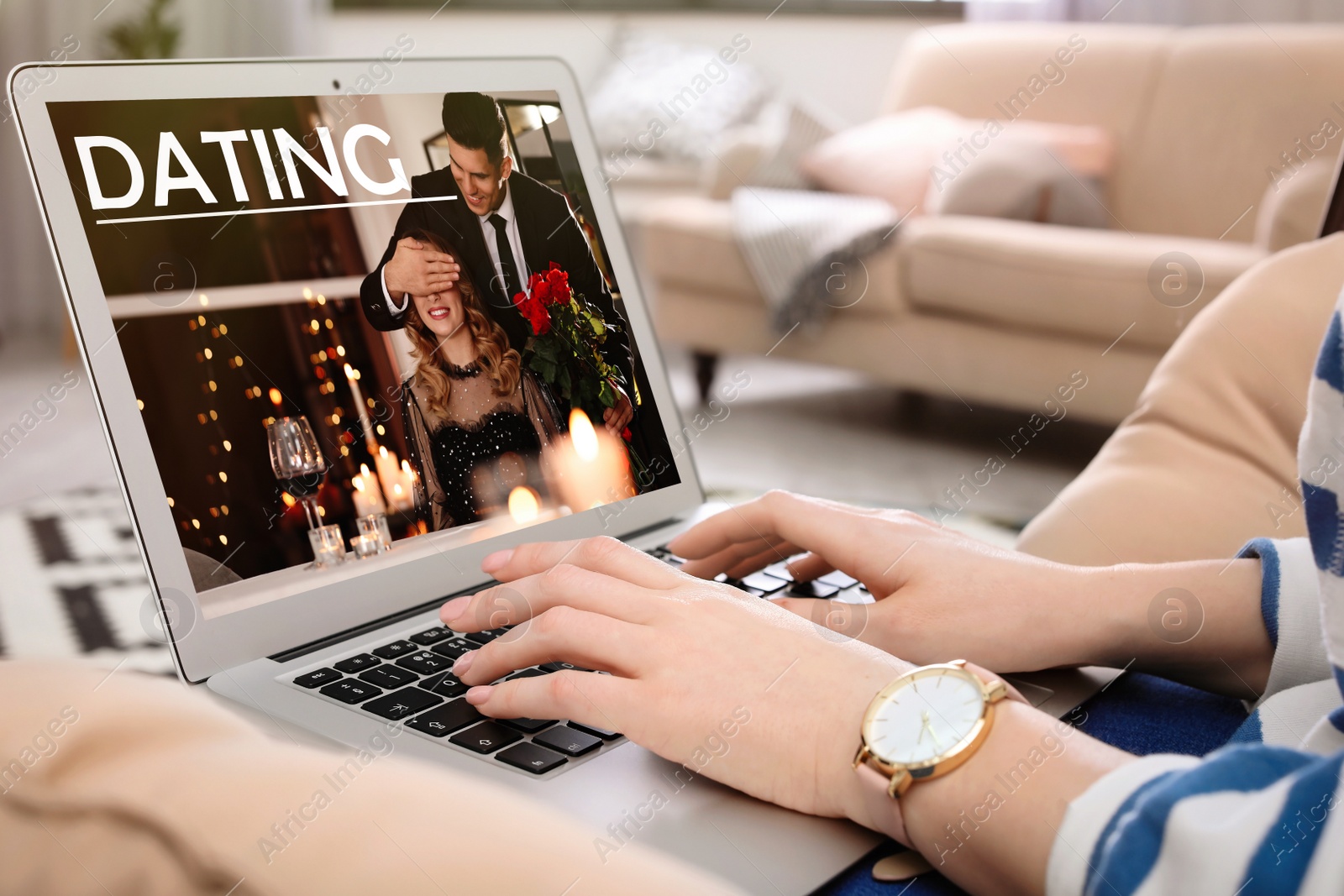 Image of Woman visiting dating site via laptop indoors, closeup