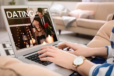 Image of Woman visiting dating site via laptop indoors, closeup