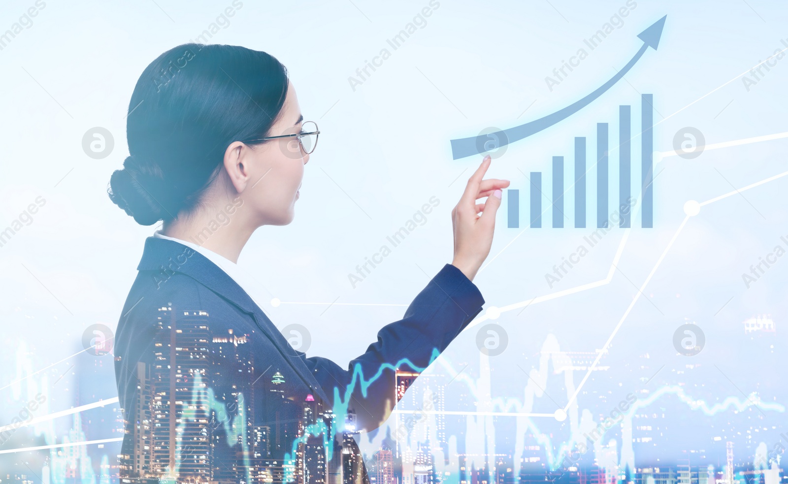 Image of Double exposure of businesswoman and cityscape. Forex trading