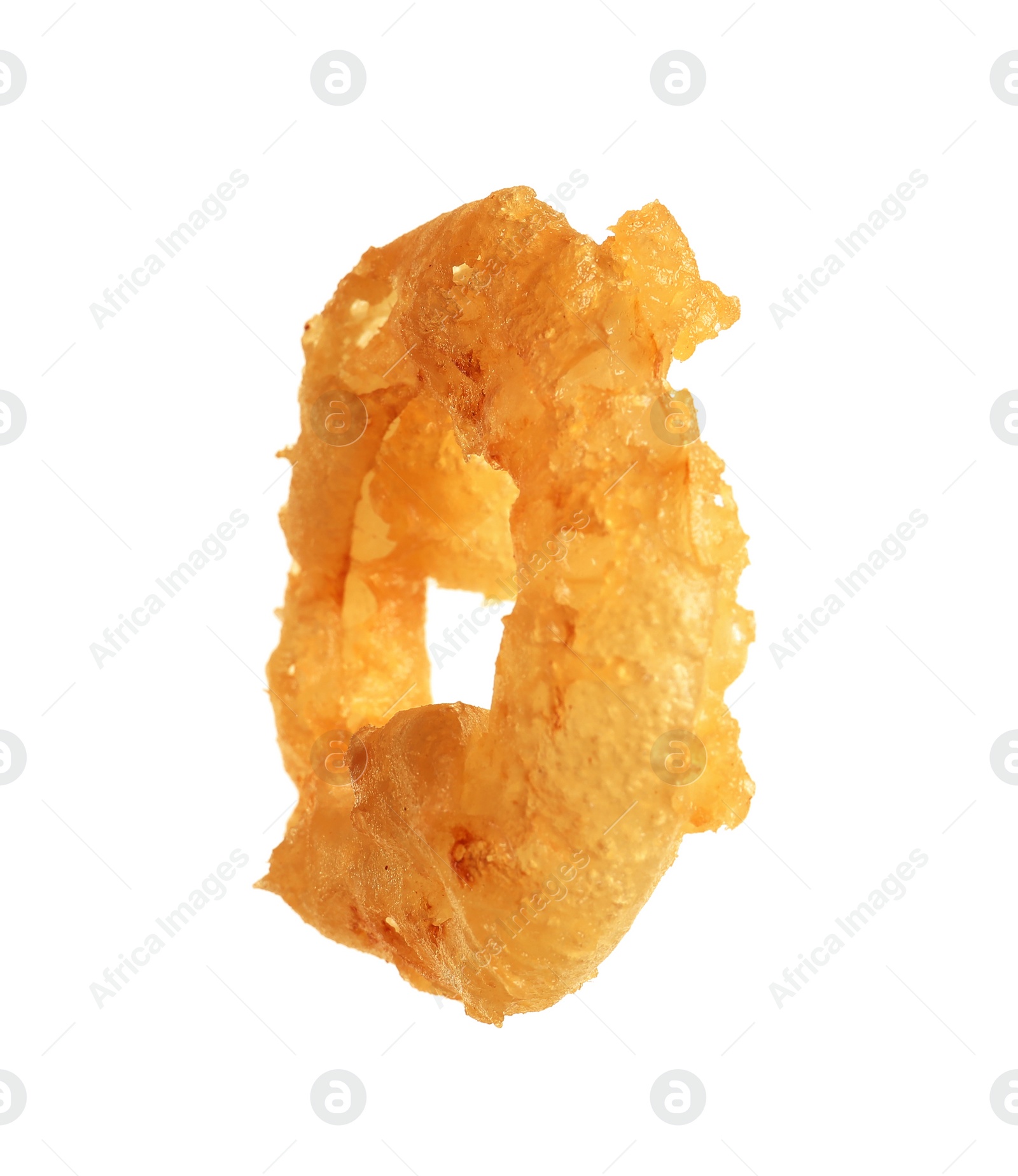 Photo of Delicious golden breaded and deep fried crispy onion ring on white background