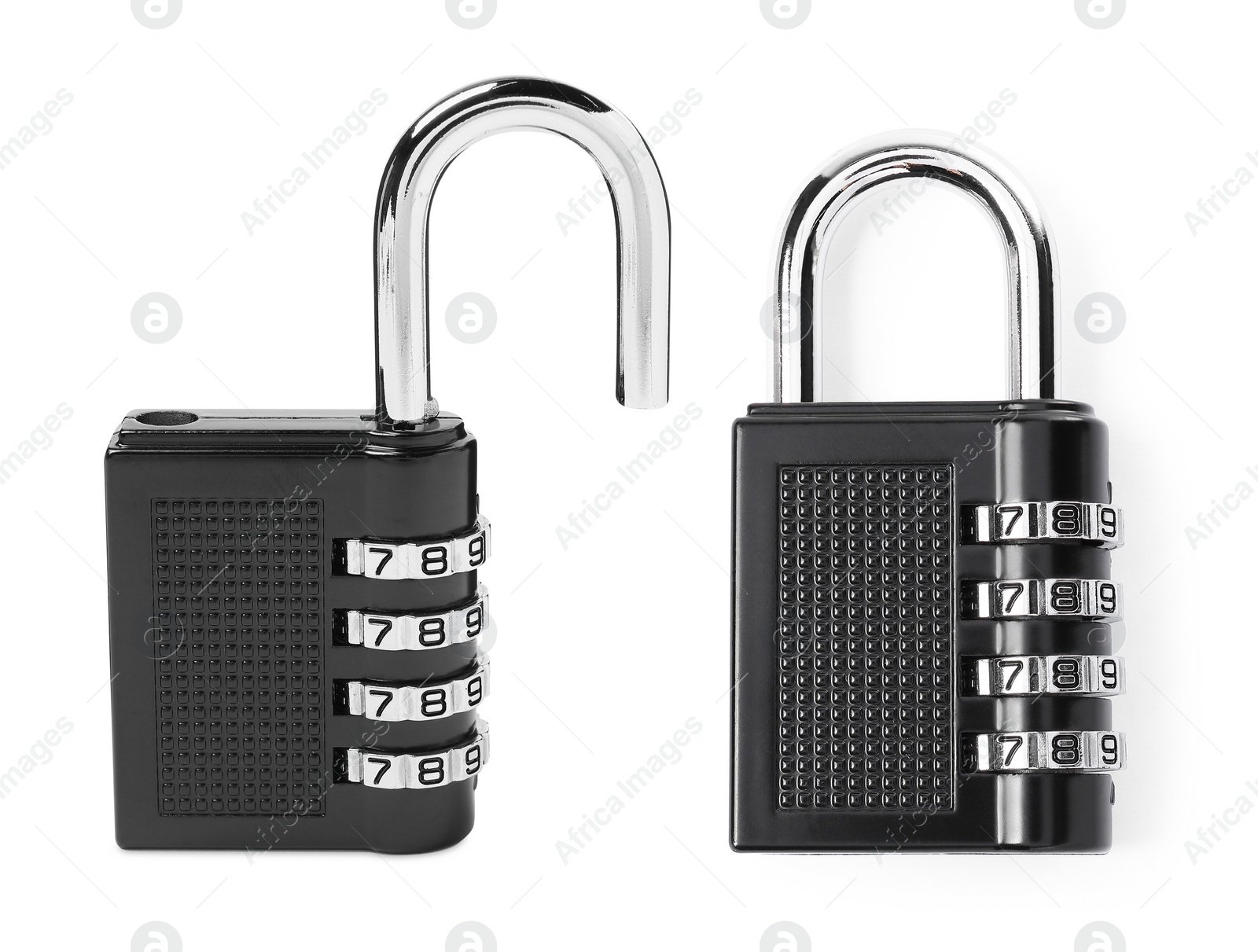 Image of Steel combination padlock isolated on white, open and locked