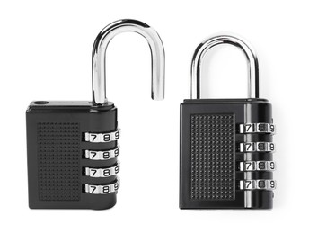 Steel combination padlock isolated on white, open and locked