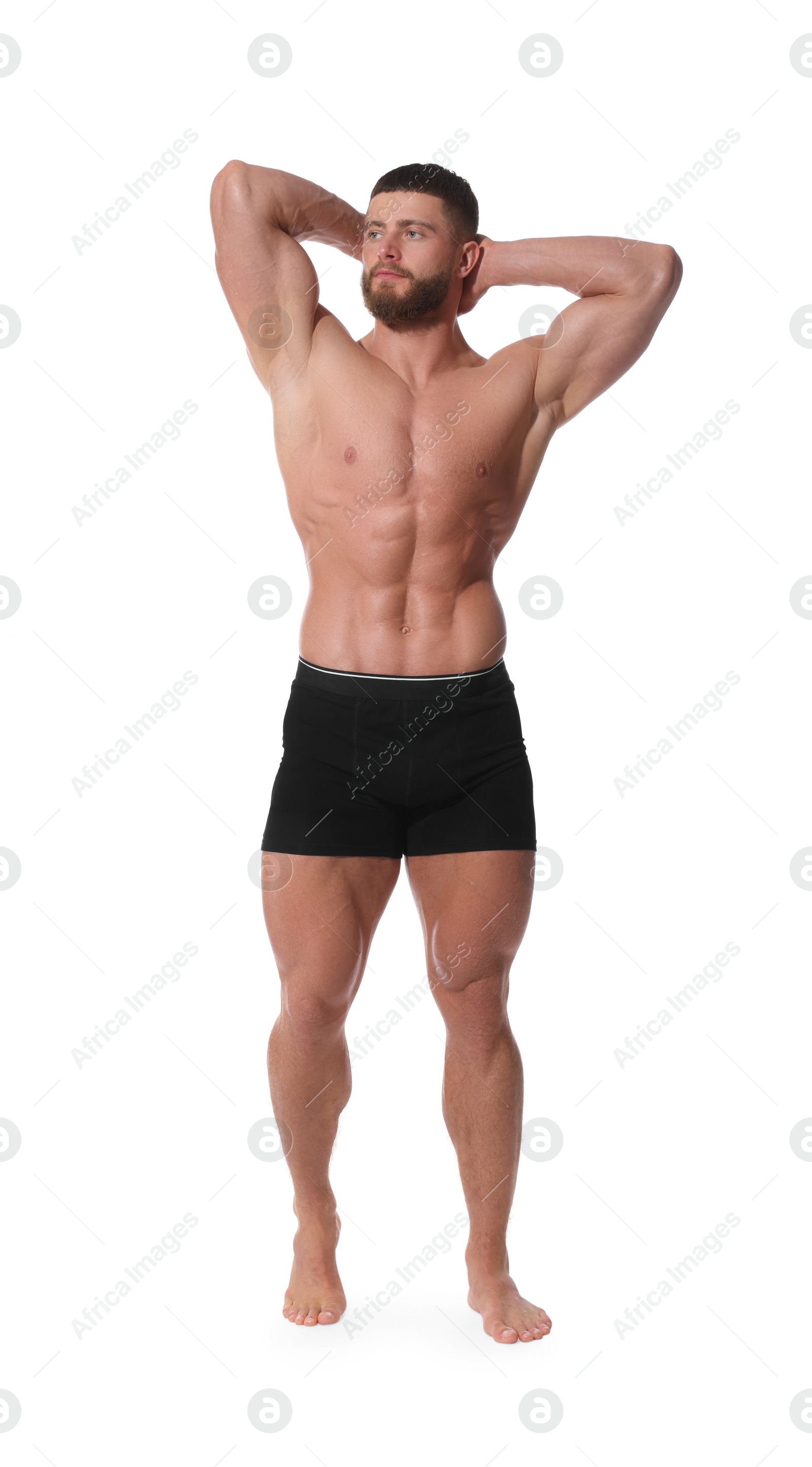 Photo of Young man is stylish black underwear on white background