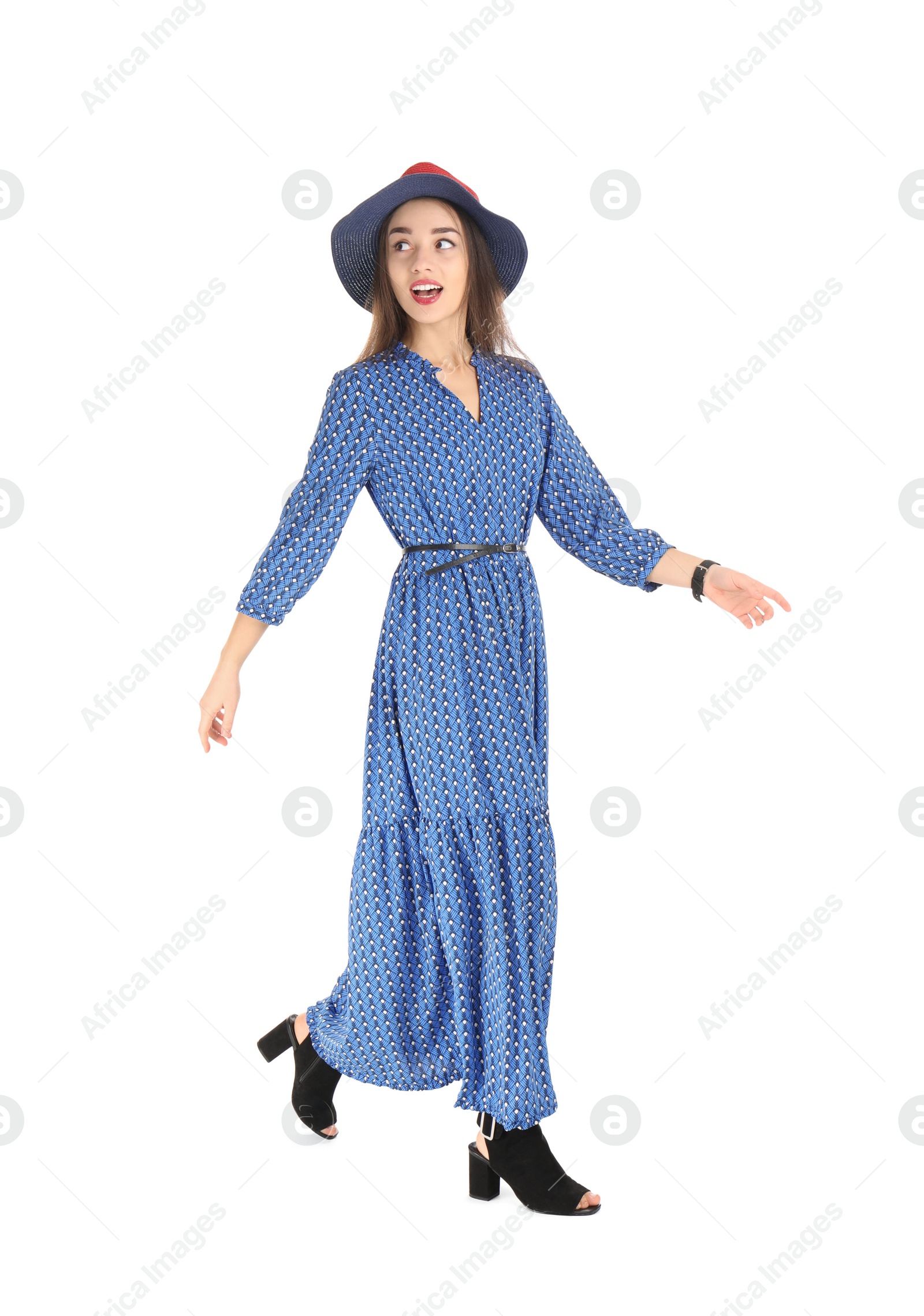 Photo of Portrait of beautiful young woman in stylish dress on white background