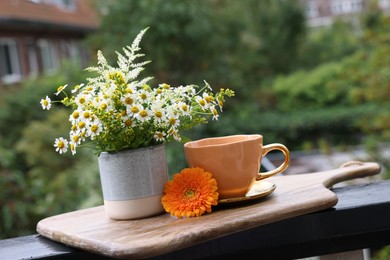 Photo of Cup of delicious chamomile tea and fresh flowers outdoors