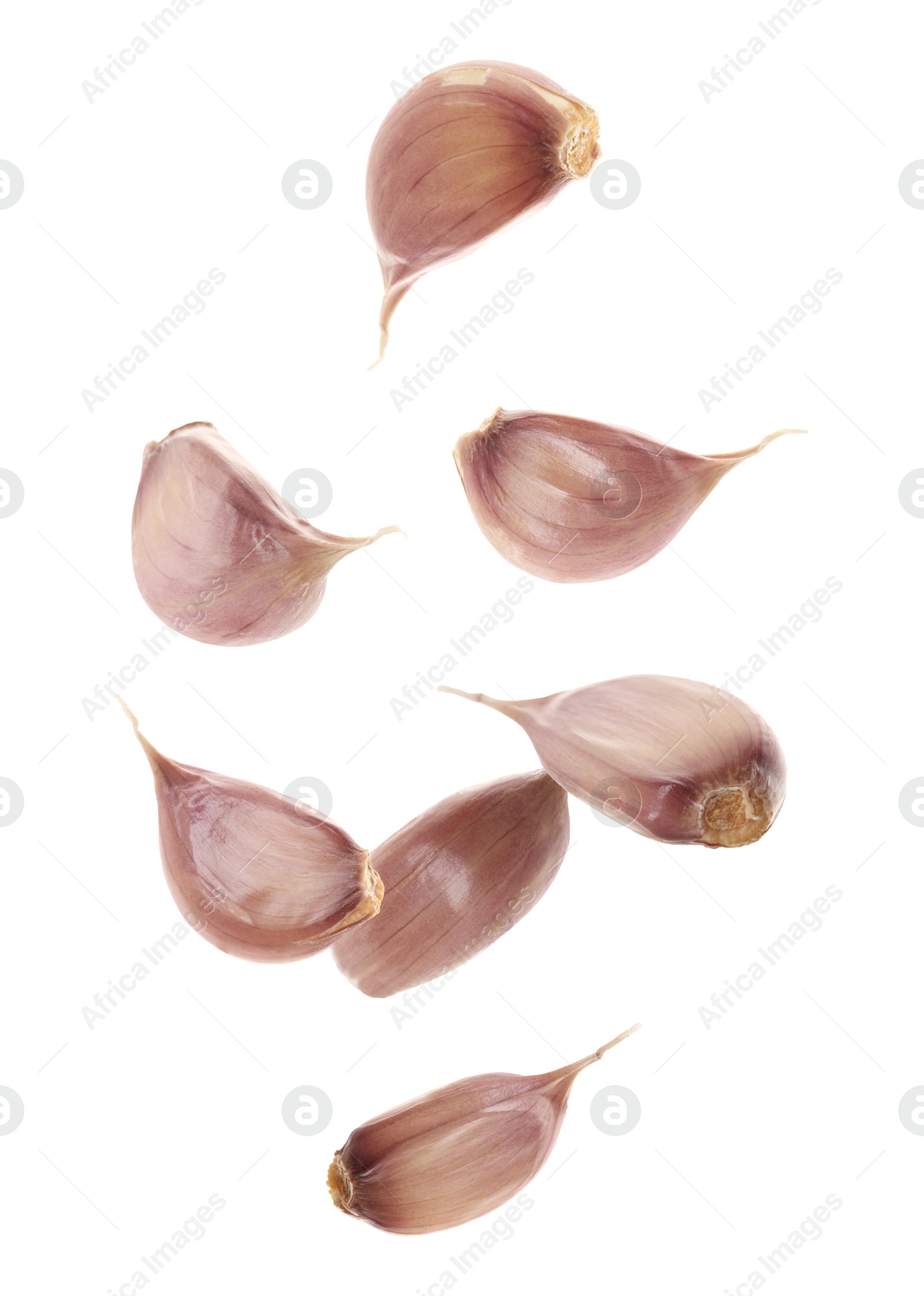 Image of Fresh garlic cloves falling on white background