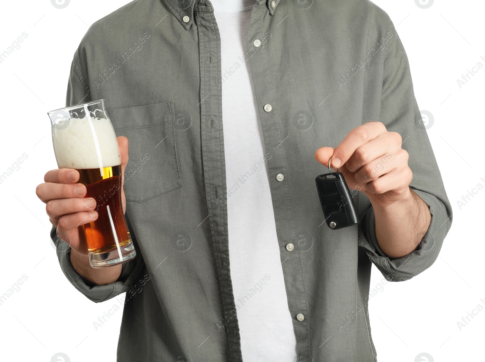 Photo of Man with glass of beer and car keys on white background, closeup. Don't drink and drive concept