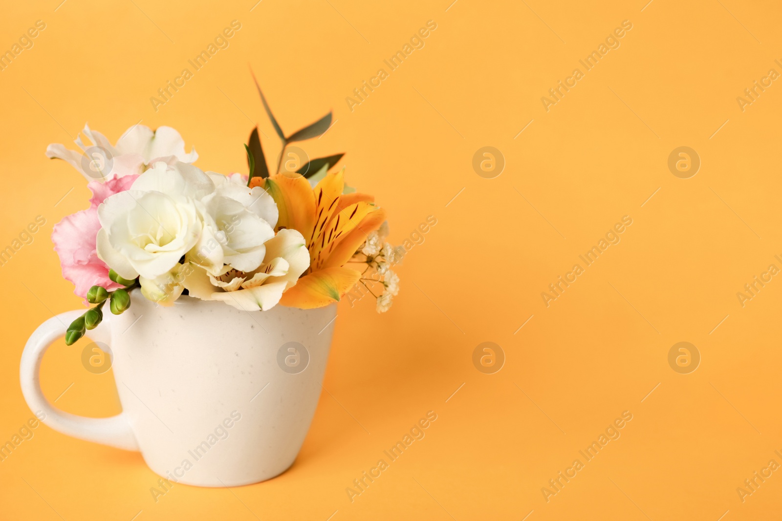 Photo of Bouquet of beautiful flowers in cup on yellow background, space for text