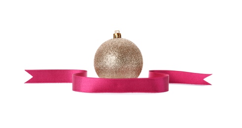 Beautiful Christmas ball with ribbon on white background