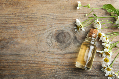 Photo of Bottle of essential oil and fresh chamomiles on wooden table, flat lay. Space for text