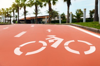 Photo of Red bike lane with painted white bicycle sign