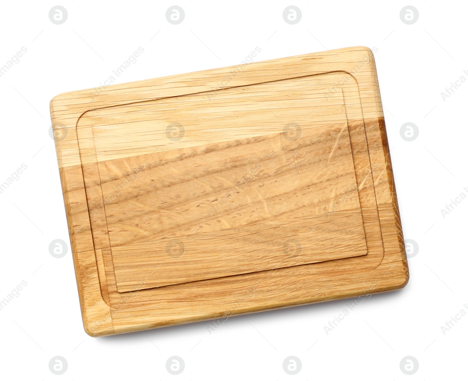 Photo of Empty wooden board isolated on white, top view