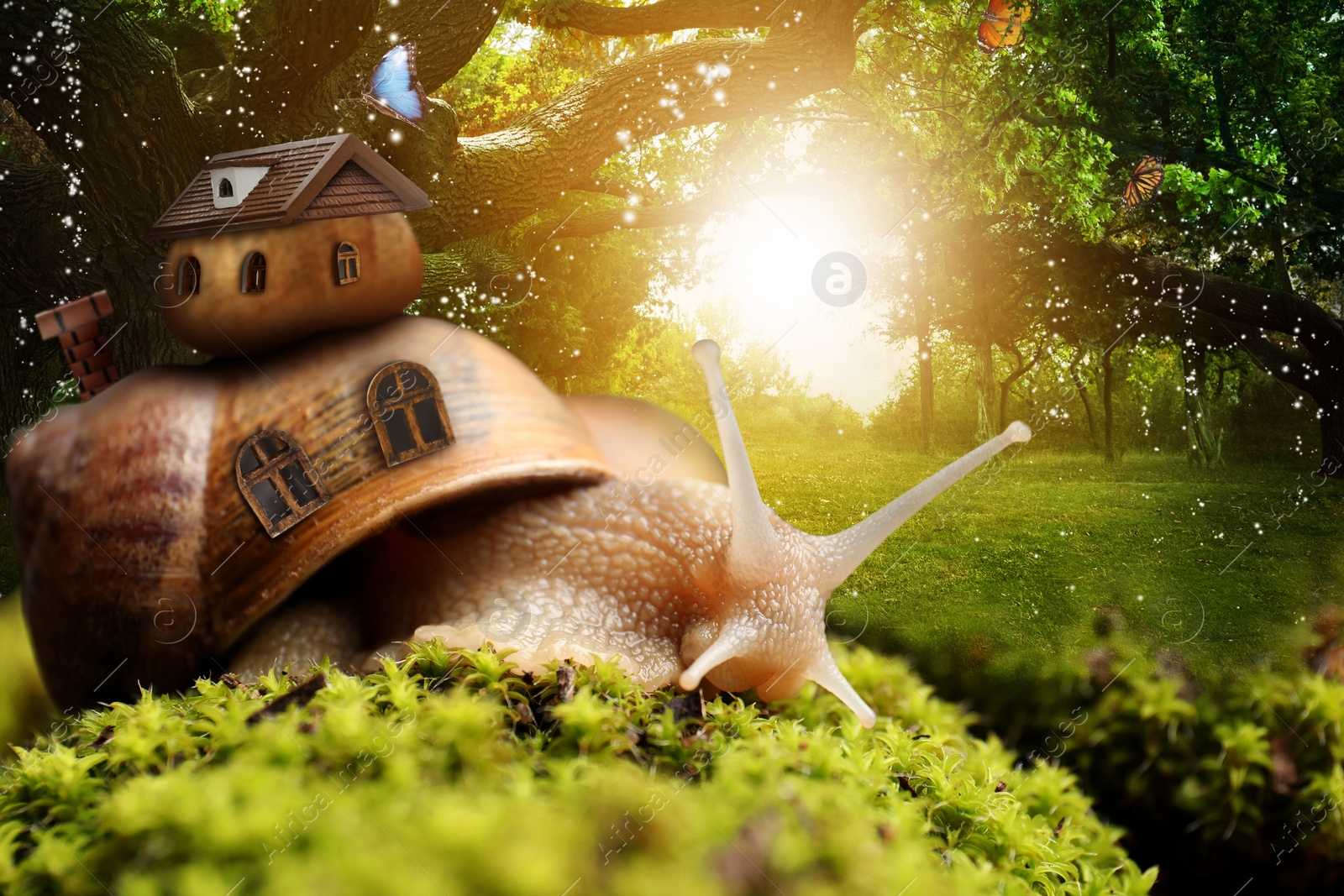 Image of Fantasy world. Magic snail with its shell house moving in beautiful forest