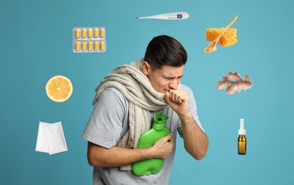 SIck man with hot water bottle surrounded by different drugs and products for illness treatment on light blue background