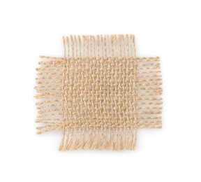 Piece of burlap fabric isolated on white, top view