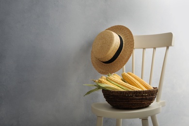 Bowl of corn cobs on chair. Space for text