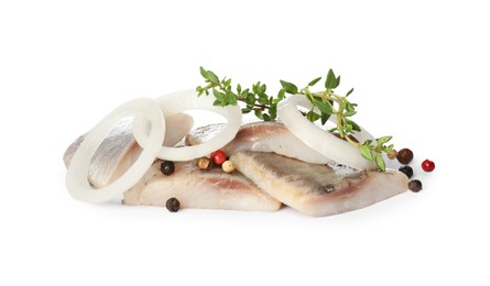 Photo of Delicious salted herring slices with onion rings, peppercorns and thyme on white background