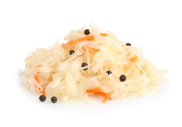 Tasty sauerkraut with carrot and peppercorns on white background