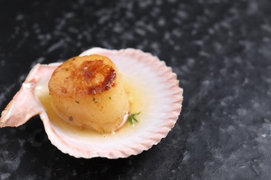 Delicious fried scallop in shell on black table, closeup. Space for text