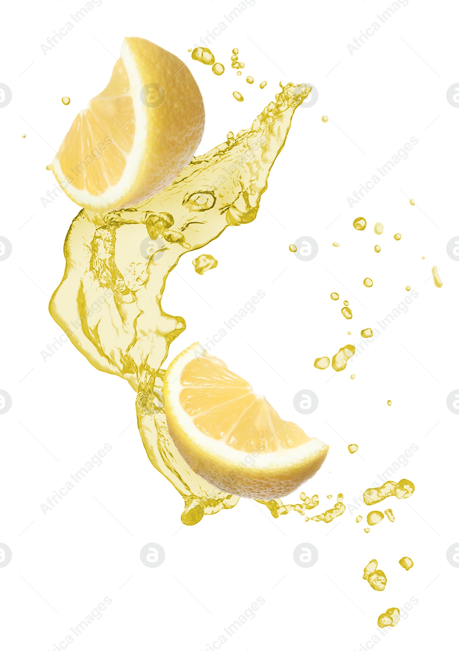 Image of Lemon pieces and splash of juice on white background