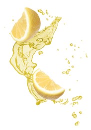 Image of Lemon pieces and splash of juice on white background