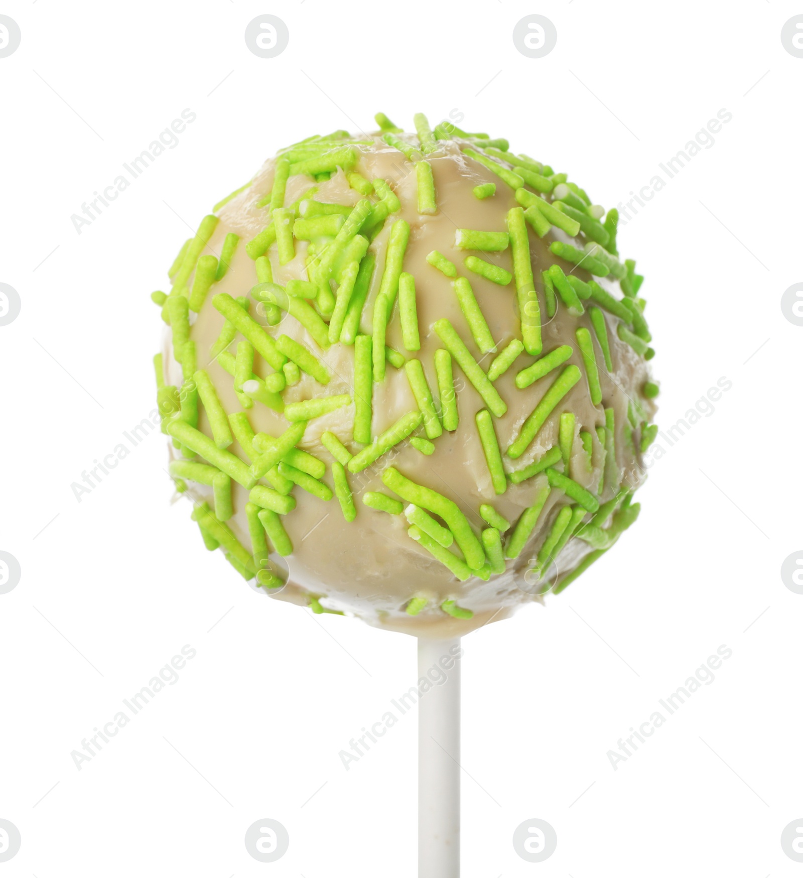 Photo of Tasty cake pop with green sprinkles isolated on white