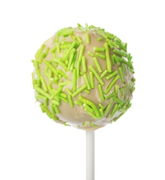 Photo of Tasty cake pop with green sprinkles isolated on white