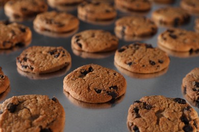 Many delicious cookies on production line, closeup