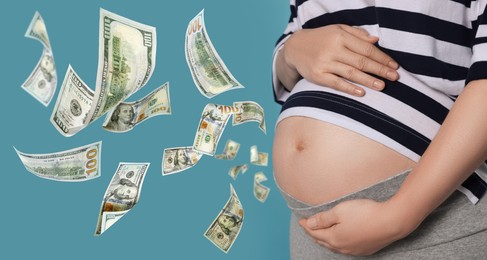 Surrogate mother and flying money on light blue background, closeup. Banner design