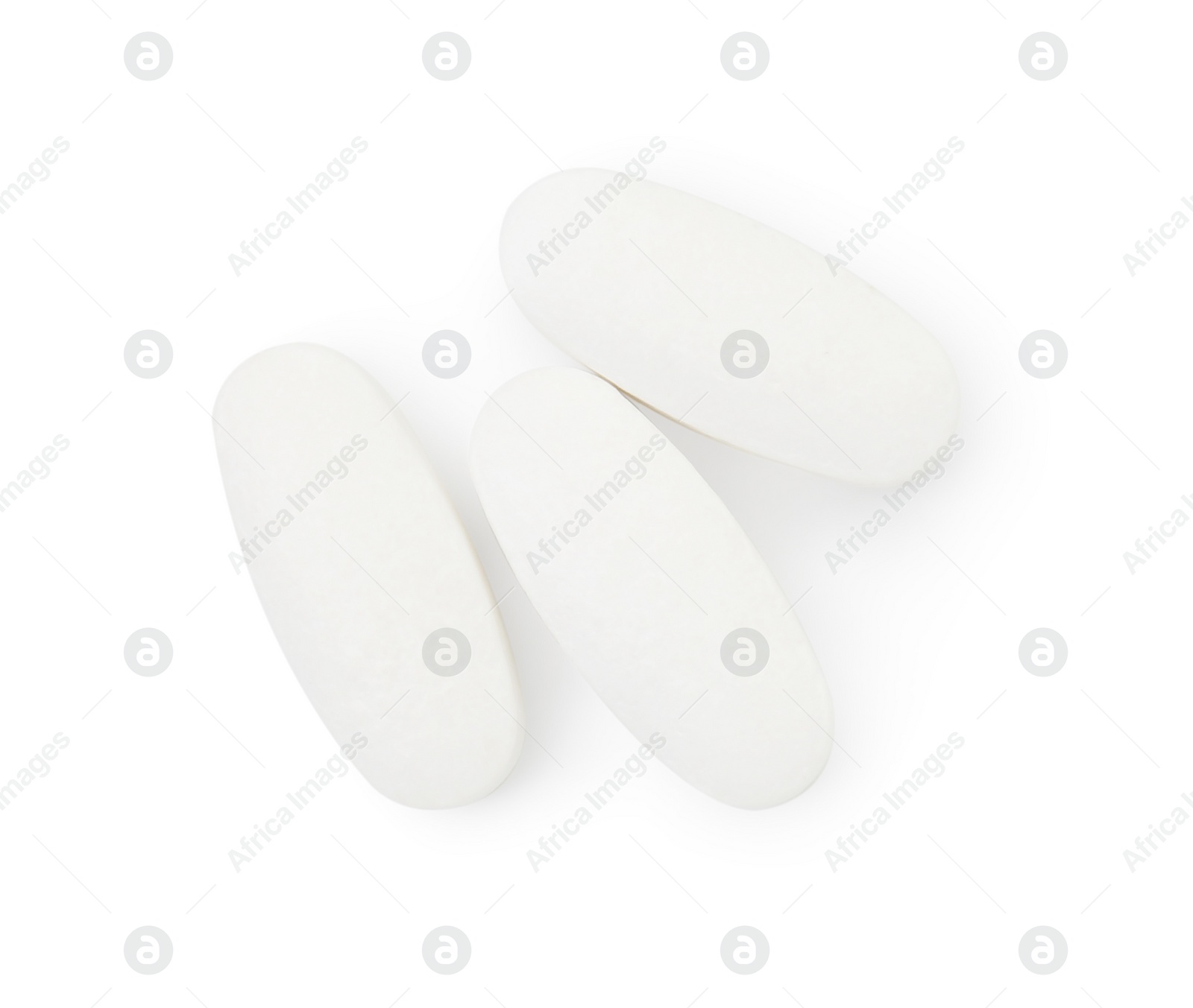 Photo of Vitamin pills isolated on white, top view. Health supplement