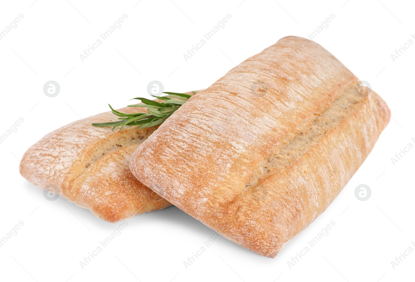 Photo of Crispy ciabattas with rosemary on white background. Fresh bread