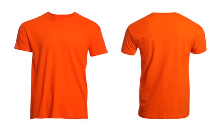 Image of Orange t-shirt with space for design isolated on white. Back and front views