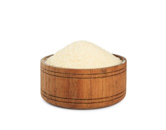 Photo of Gelatin powder in wooden bowl isolated on white
