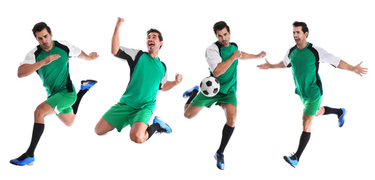 Collage with photos of young man playing football on white background. Banner design