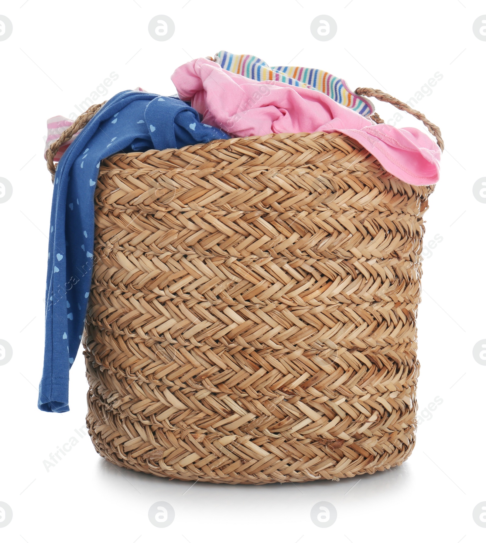 Photo of Wicker laundry basket with clothes isolated on white