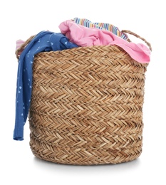 Wicker laundry basket with clothes isolated on white