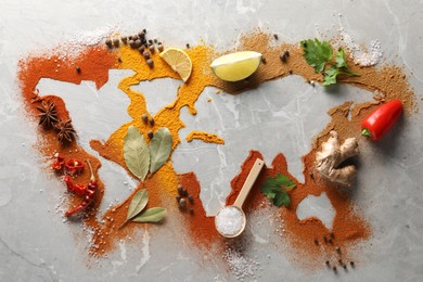 Photo of World map of different spices and products on light grey marble table, flat lay