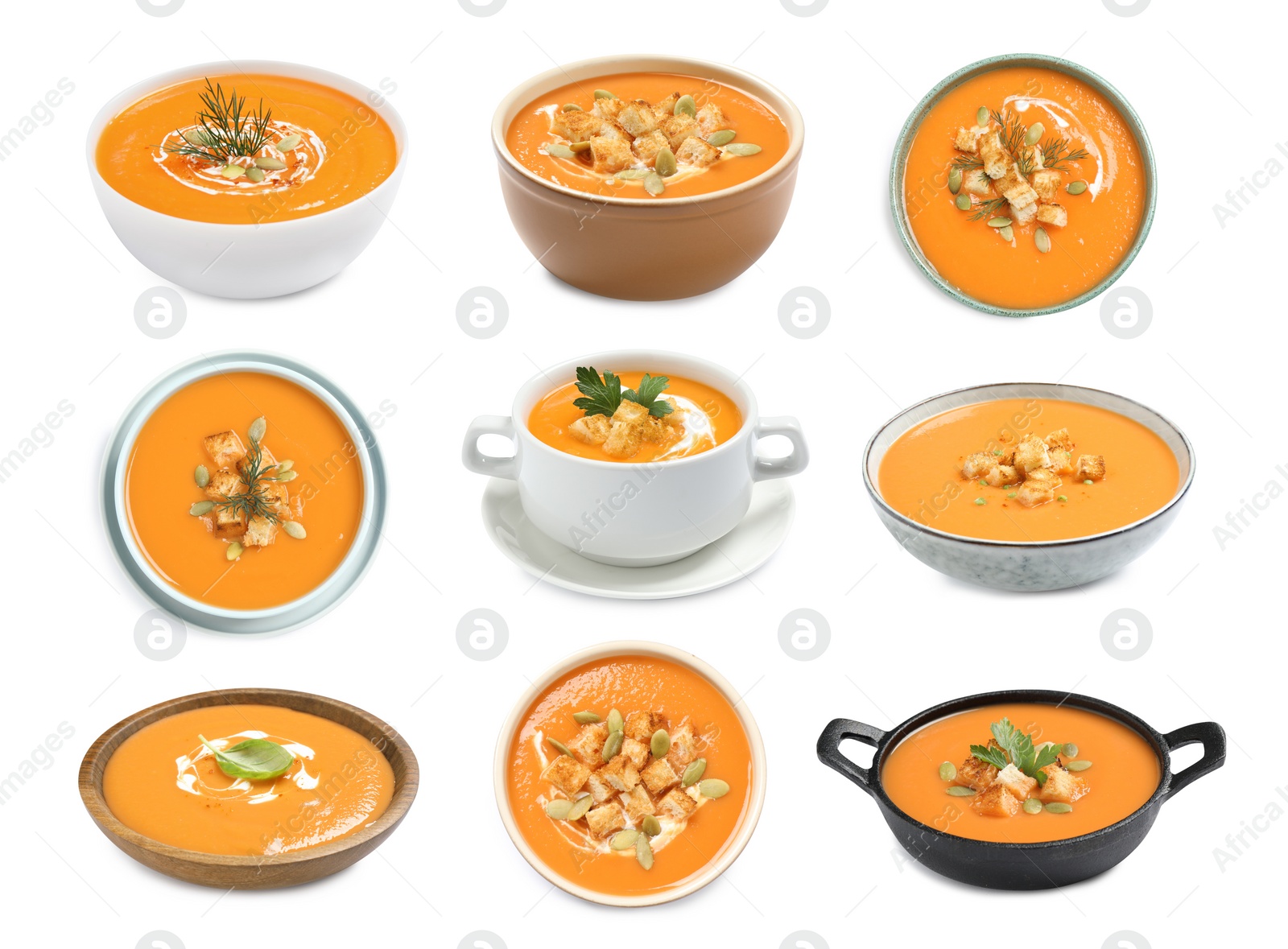 Image of Set of fresh pumpkin soups on white background